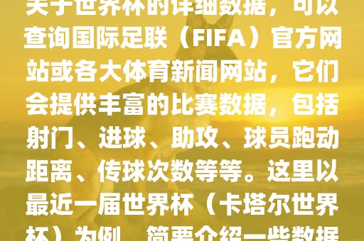 关于世界杯的详细数据，可以查询国际足联（FIFA）官方网站或各大体育新闻网站，它们会提供丰富的比赛数据，包括射门、进球、助攻、球员跑动距离、传球次数等等。这里以最近一届世界杯（卡塔尔世界杯）为例，简要介绍一些数据