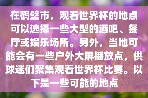 在鹤壁市，观看世界杯的地点可以选择一些大型的酒吧、餐厅或娱乐场所。另外，当地可能会有一些户外大屏播放点，供球迷们聚集观看世界杯比赛。以下是一些可能的地点