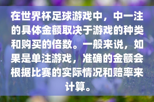 在世界杯足球游戏中，中一注的具体金额取决于游戏的种类和购买的倍数。一般来说，如果是单注游戏，准确的金额会根据比赛的实际情况和赔率来计算。