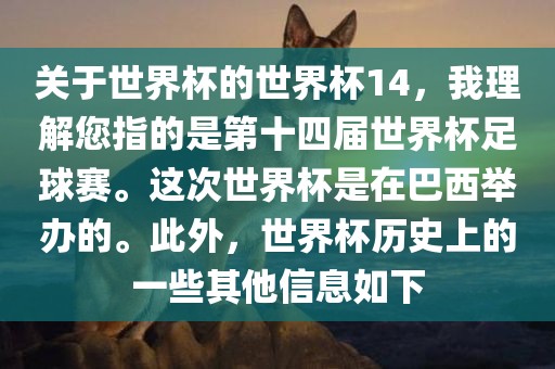关于世界杯的世界杯14，我理解您指的是第十四届世界杯足球赛。这次世界杯是在巴西举办的。此外，世界杯历史上的一些其他信息如下洪湖市顺升工程机械租赁有限公司
