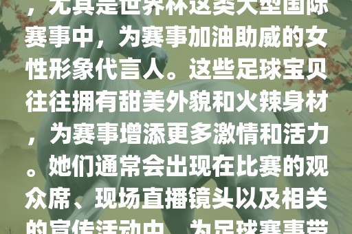 足球宝贝指的是在足球赛事中，尤其是世界杯这类大型国际赛事中，为赛事加油助威的女性形象代言人。这些足球宝贝往往拥有甜美外貌和火辣身材，为赛事增添更多激情和活力。她们通常会出现在比赛的观众席、现场直播镜头以及相关的宣传活动中，为足球赛事带来了更多的关注度和话题性。
