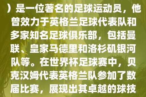 贝克汉姆（David Beckham）是一位著名的足球运动员，他曾效力于英格兰足球代表队和多家知名足球俱乐部，包括曼联、皇家马德里和洛杉矶银河队等。在世界杯足球赛中，贝克汉姆代表英格兰队参加了数届比赛，展现出其卓越的球技和魅力。洪湖市顺升工程机械租赁有限公司