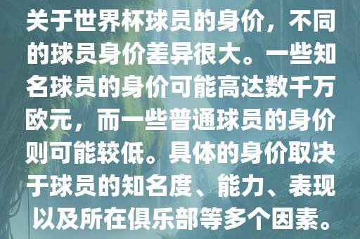 关于世界杯球员的身价，不同的球员身价差异很大。一些知名球员的身价可能高达数千万欧元，而一些普通球员的身价则可能较低。具洪湖市顺升工程机械租赁有限公司体的身价取决于球员的知名度、能力、表现以及所在俱乐部等多个因素。