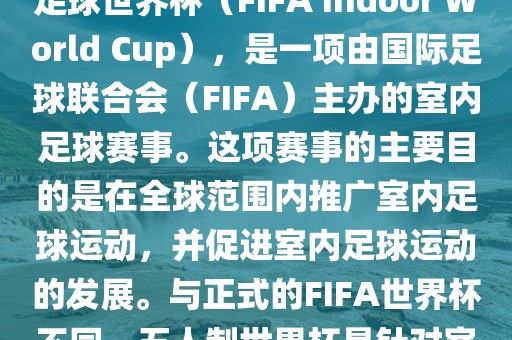 五人制世界杯，也被称为室内足球世界杯（FIFA Indoor World Cup），是一项由国际足球联合会（FIFA）主办的室内足球赛事。这项赛事的主要目的是在全球范围内推广室内足球运动，并促进室内足球运动的发展。与正式的FIFA世界杯不同，五人制世界杯是针对室内足球的比赛。