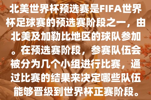 北美世界杯预选赛是FIFA世界杯足球赛的预选赛阶段之一，由北美及加勒比地区的球队参加。在预选赛阶段，参赛队伍会被分为几个小组进行比赛，通过比赛的结果来决定哪些队伍能够晋级到世界杯正赛阶段。