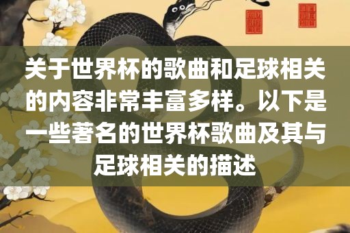 关于世界杯的歌曲和足球相关的内容非常丰富多样。以下是一些著名的世界杯歌曲及其与足球相关的描述洪湖市顺升工程机械租赁有限公司