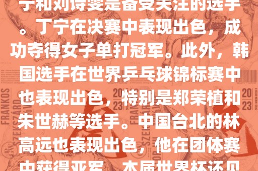 在男子单打项目中，马龙和张继科是夺冠热门选手。决赛中，马龙以较大的优势赢得了冠军，创造了他的个人世界杯最佳纪录。女子单打项目中，丁宁和刘诗雯是备受关注的选手。丁宁在决赛中表现出色，成功夺得女子单打冠军。此外，韩国选手在世界乒乓球锦标赛中也表现出色，特别是郑荣植和朱世赫等选手。中国台北的林高远也表现出色，他在团体赛中获得亚军。本届世界杯还见证了日本选手水谷隼的胜利，他在男子双打项目中表现出色。总的来说，本届乒乓球世界杯展现了各国选手的精湛技艺和激烈竞争。