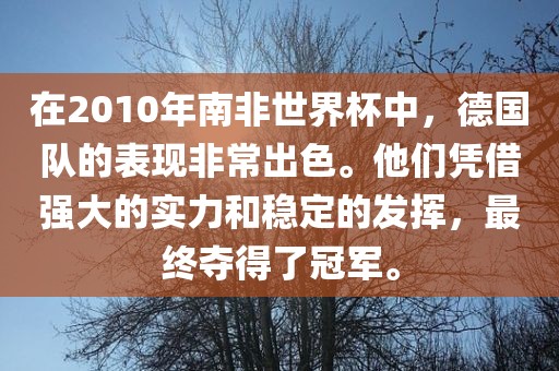 在2010年南非世界杯中，德国队的表现非常出色。他们凭借强大的实力和稳定的发挥，最终夺得了冠军。