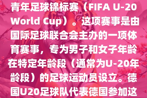 德国U20足球队参加的是U20世界杯足球赛，也被称为世界青年足球锦标赛（FIFA U-20 World Cup）。这项赛事是由国际足球联合会主办的一项体育赛事，专为男子和女子年龄在特定年龄段（通常为U-20年龄段）的足球运动员设立。德国U20足球队代表德国参加这项赛事，旨在展示德国青年足球的潜力和实力。
