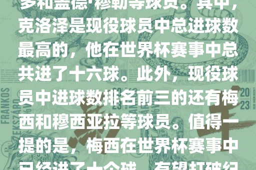 1. 总进球数最多的球员是米罗斯拉夫·约瑟夫（总进球数为十五球），紧随其后的是罗纳尔多和盖德·穆勒等球员。其中，克洛泽是现役球员中总进球数最高的，他在世界杯赛事中总共进了十六球。此外，现役球员中进球数排名前三的还有梅西和穆西亚拉等球员。值得一提的是，梅西在世界杯赛事中已经进了十个球，有望打破纪录。此外，世界杯决赛圈历史上单届进球纪录是方丹在1958年世界杯创造的十三球纪录。洪湖市顺升工程机械租赁有限公司