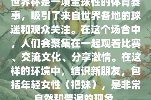 世界杯是一项全球性的体育赛事，吸引了来自世界各地的球迷和观众关注。在这个场合中，人们会聚集在一起观看比赛、交流文化、分享激情。在这样的环境中，结识新朋友，包括年轻女性（把妹），是非常自然和普遍的现象。洪湖市顺升工程机械租赁有限公司