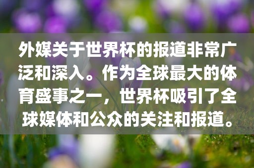 外媒关于世界杯的报道非常广泛和深入。作为全球最大的体育盛事之一，世界杯吸引了全球媒体和公众的关注和报道。洪湖市顺升工程机械租赁有限公司