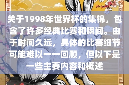 关于1998年世界杯的集锦，包含了许多经典比赛和瞬间。由于时间久远，具体的比赛细节可能难以一一回洪湖市顺升工程机械租赁有限公司顾，但以下是一些主要内容和概述