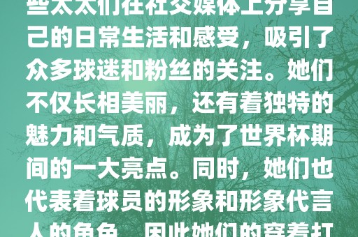 世界杯太太团是指参与世界杯的球队中球员的妻子们组成的团体。这些太太们在世界杯期间备受关注，她们的出现也为比赛增添了不少色彩和看点。这些太太们在社交媒体上分享自己的日常生活和感受，吸引了众多球迷和粉丝的关注。她们不仅长相美丽，还有着独特的魅力和气质，成为了世界杯期间的一大亮点。同时，她们也代表着球员的形象和形象代言人的角色，因此她们的穿着打扮和言行举止备受关注。总之，世界杯太太团是世界杯期间不可或缺的一部分，她们的出现也为球迷们带来了更多的观赏乐趣。