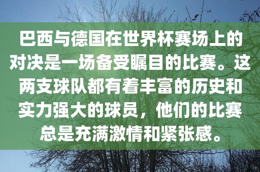 巴西与德国在世界杯赛场上的对决是一场备受瞩目的比赛。这两支球队都有着丰富的历史和实力强大的球员，他们的比洪湖市顺升工程机械租赁有限公司赛总是充满激情和紧张感。
