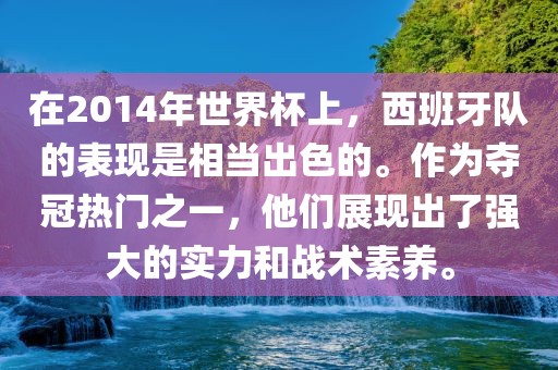 在2014年世界杯上，西班牙队的表现是相当出色的。作为夺冠热门之一，他们展现出了强大的实力和战术素养。洪湖市顺升工程机械租赁有限公司