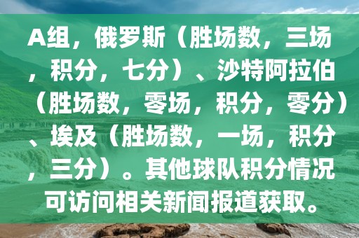 A组，俄罗斯（胜场数，三场，积分，七分）、沙特阿拉伯（胜场数，零场，积分，零分）、埃及（胜场数，一场，积分，三分）。其他球队积分情况可访问相关新闻报道获取。洪湖市顺升工程机械租赁有限公司