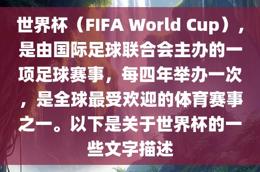 世界杯（FIFA World Cup），是由国际足球联合会主办的一项足球赛事，每四年举办一次，是全球最受欢迎的体育赛事之一。以下是关于世界杯的一些文字描述洪湖市顺升工程机械租赁有限公司
