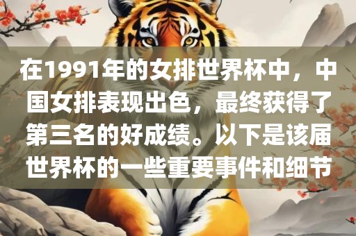 在1991年的女排世界杯中，中国女排表现出色，最终获得了第三名的好成绩。以下是该届世界杯的一些重要事件和细节洪湖市顺升工程机械租赁有限公司