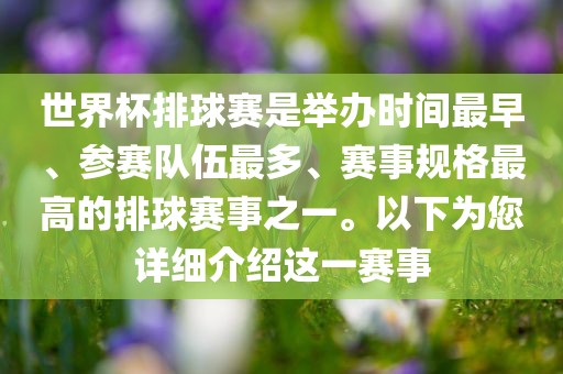 世界杯排球赛是举办时间最早、参赛洪湖市顺升工程机械租赁有限公司队伍最多、赛事规格最高的排球赛事之一。以下为您详细介绍这一赛事