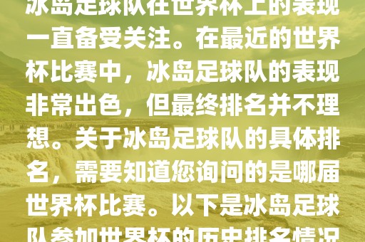 冰岛足球队在世界杯上的表现一直备受关注。在最近的世界杯比赛中，冰岛足球队的表现非常出色，但最终排名并不理想。关于冰岛足球队的具体排名，需要知道您询问的是哪届世界杯比赛。以下是冰岛足球队参加世界杯的历史排名情况