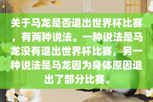 关于马龙是否退出世界杯比赛，有两种说法。一种说法是马龙没有退出世界杯比赛，另一种说法是马龙因为身体原因退出了部分比赛。