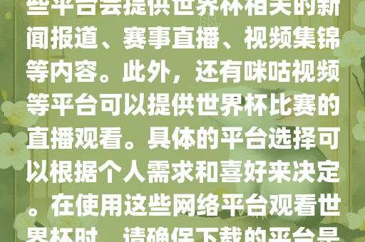 世界杯网络平台包括但不限于央视新闻、抖音、快手等。这些平台会提供世界杯相关的新闻报道、赛事直播、视频集锦等内容。此外，还有咪咕视频等平台可以提供世界杯比赛的直播观看。具体的平台选择可以根据个人需求和喜好来决定。在使用这些网络平台观看世界杯时，请确保下载的平台是官方正版，以保证良好的观赛体验。洪湖市顺升工程机械租赁有限公司