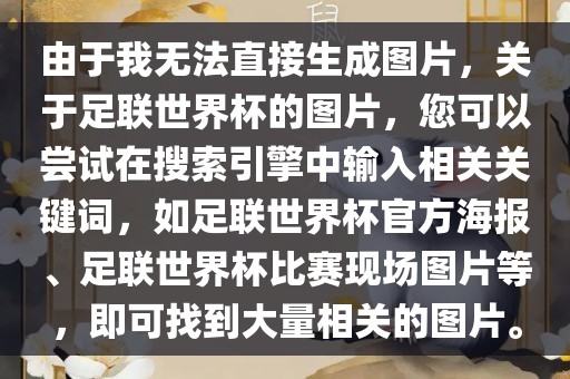 由于我无法直接生成图片，关于足联世界杯的图片，您可以尝试在搜索引擎中输入相关关键词，如足联世界杯官方海报、足联世界杯比赛现场图片等，即可找到大量相关的图片。