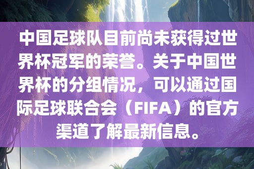 中国足球队目前尚未获得过世界杯冠军的荣誉。关于中国世界杯的分组情况，可以通过国际足球联合会（FIFA）的官方渠道了解最新信息。